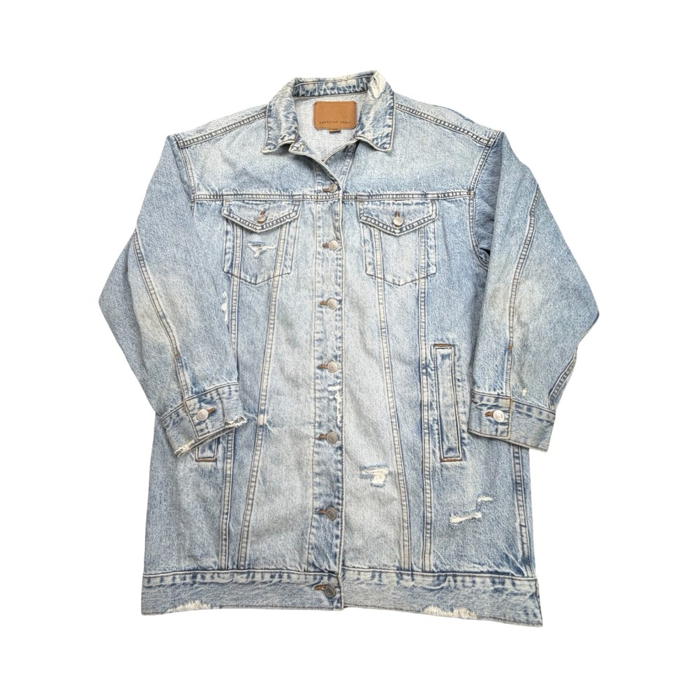 American Eagle Denim Jacket Womens L Light Wash Distressed Longline Cotton